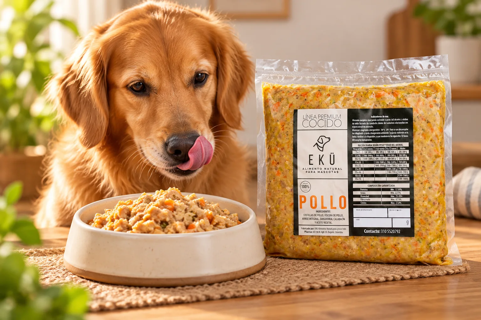 Perro mirando un plato de alimento natural junto a una presentación de EKÜ